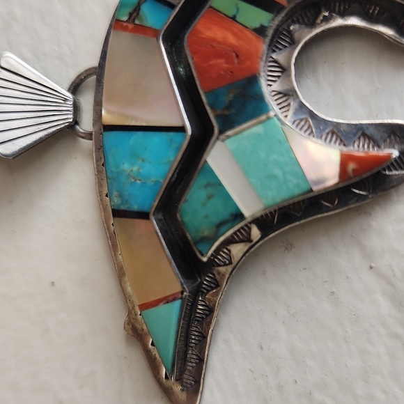 Vintage Native American Navajo Vintage Inlaid Bear Pendant by Danny Clark 💙🐻 - Picture 4 of 13